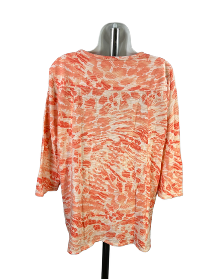Chico's Women's White/Orange Scoop Neck Hi-Low 3/4 Sleeve Shirt - 2/US L image 2