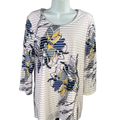 Chico's Women's White/Blue Floral Striped Semi-Sheer 3/4 Sleeve Blouse - 1/US M