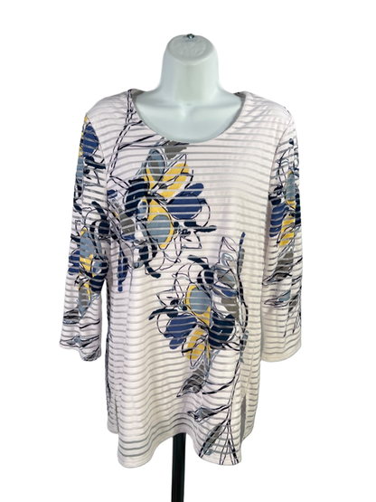 Chico's Women's White/Blue Floral Striped Semi-Sheer 3/4 Sleeve Blouse - 1/US M
