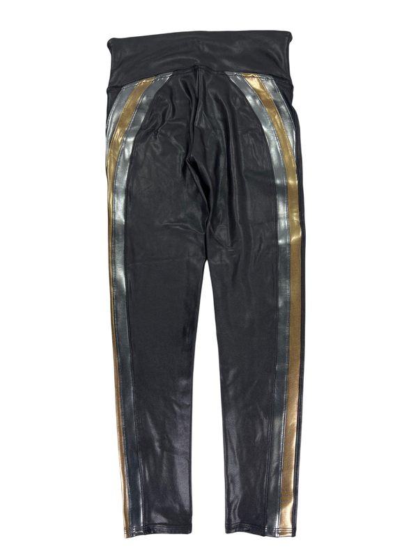 Spanx Women's Black Metallic Faux Leather 7/8 Track Stripe Leggings - M image 2