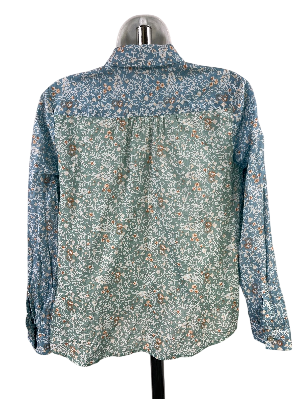 J.Jill Women's Blue/Green Floral Thin Long Sleeve Button Up Blouse - XS Petite image 2