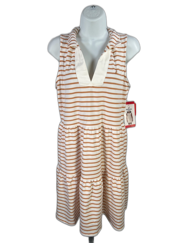 Nautica Jeans Women's White/Orange Striped Collared Sleeveless Mini Dress - M