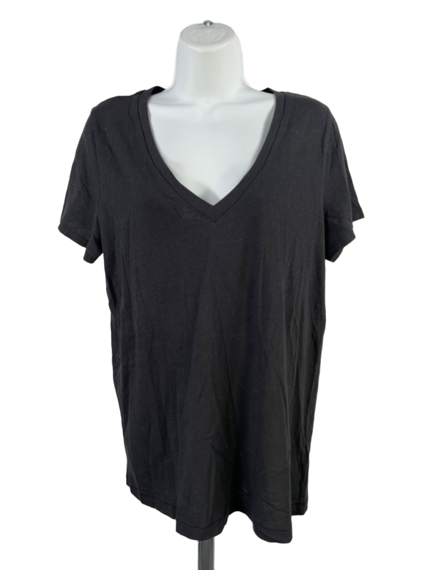 J.Crew Women's Black Short Sleeve Slub Cotton V-Neck T-Shirt - L