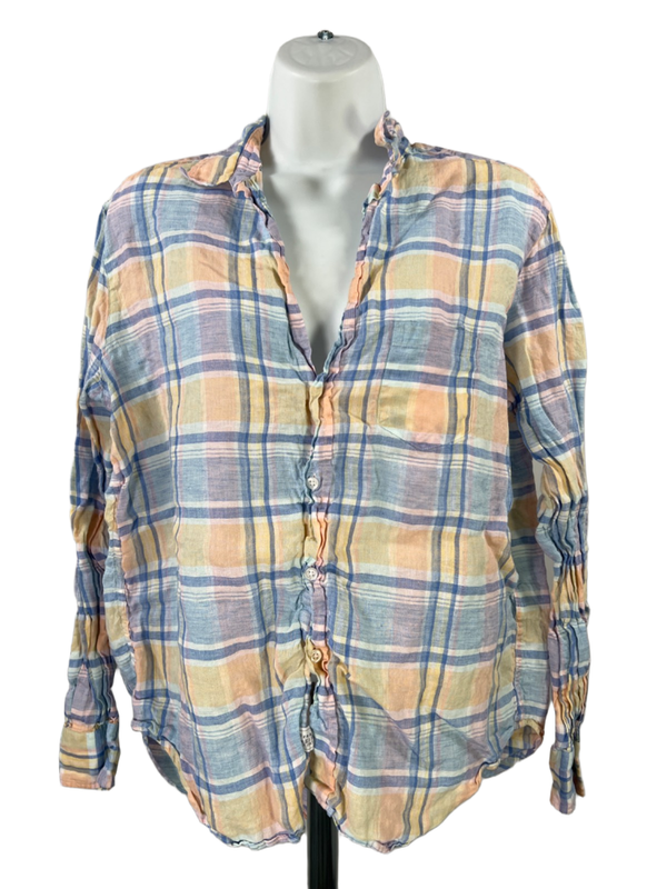 Frank & Eileen Women's Blue/Yellow Plaid Linen Long Sleeve Button Up Shirt - S