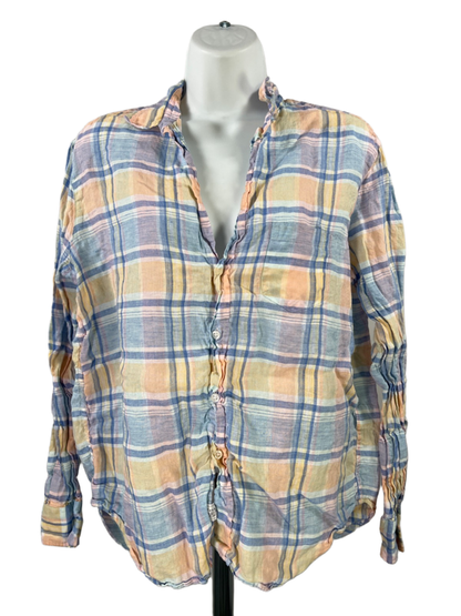 Frank & Eileen Women's Blue/Yellow Plaid Linen Long Sleeve Button Up Shirt - S