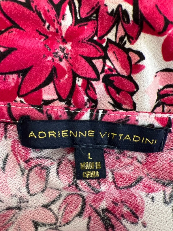 Adrienne Vittadini Women's Pink Floral Cap Sleeve Draped Neck Blouse - L image 3