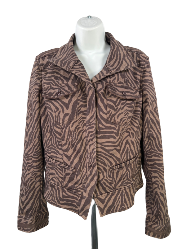 White House Black Market Women's Brown Zebra Print Denim Jean Jacket - 12