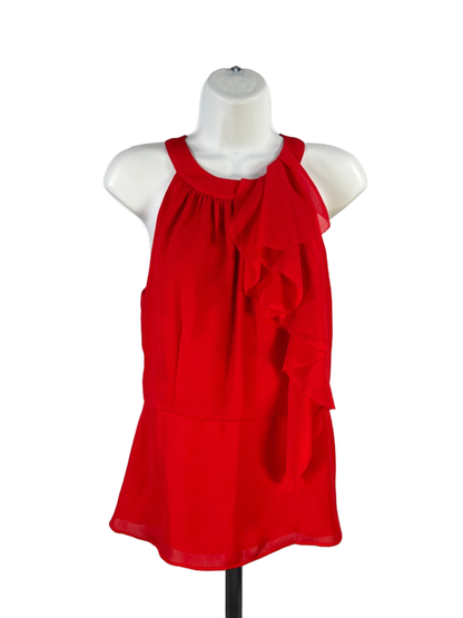 White House Black Market Women's Red Ruffle Detail Sleeveless Tiered Blouse - 4