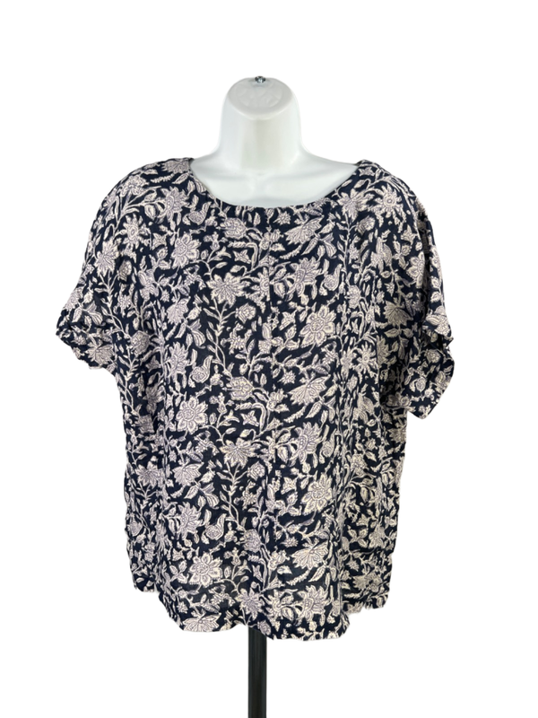 Pure J Jill Women's Blue/White Linen Floral Tee Shirt - M