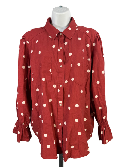Lauren Conrad Women's Red/White Polka Dot Long Sleeve Button Up Blouse - L