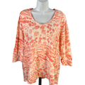 Chico's Women's White/Orange Scoop Neck Hi-Low 3/4 Sleeve Shirt - 2/US L