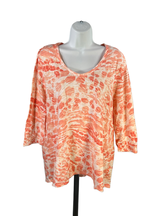 Chico's Women's White/Orange Scoop Neck Hi-Low 3/4 Sleeve Shirt - 2/US L