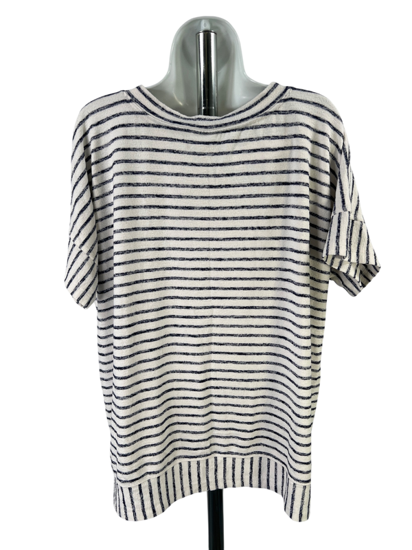 Weekends By Chico's White/Blue Stripe V-Neck Short Sleeve Shirt - 3 image 2