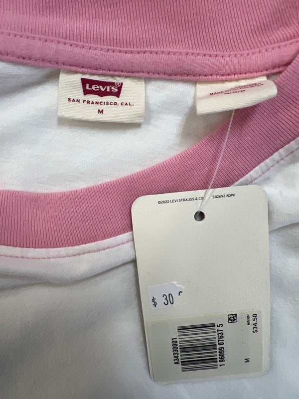 Levi's Women's White/Pink Short Sleeve Loose Fit Throwback Baseball T-Shirt - M image 3