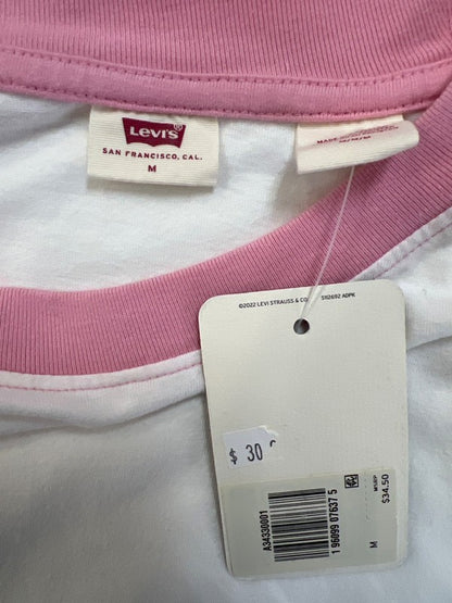 Levi's Women's White/Pink Short Sleeve Loose Fit Throwback Baseball T-Shirt - M image 3
