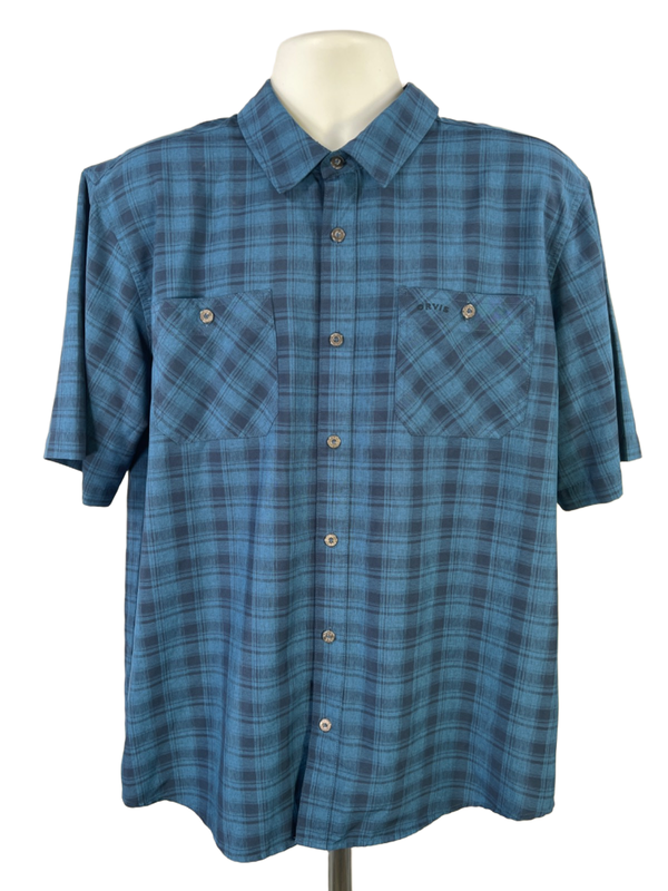 Orvis Men's Blue Plaid Classic Tech Short Sleeve Button Up Shirt - XL