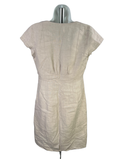 J Crew Women's Beige Linen V Neck Short Cap Sleeve Lined Sheath Midi Dress - 6 image 2