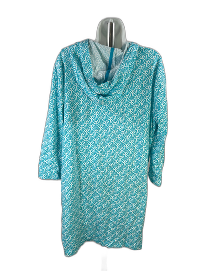 Lands' End Women's Blue/White Shell Print Hooded Quarter Zip 3/4 Sleeve Shirt- L image 2