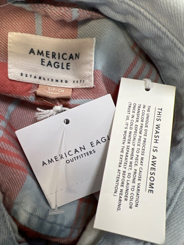 American Eagle Women's Red/Blue Plaid Long Roll Sleeve Button Up Flannel - S image 3
