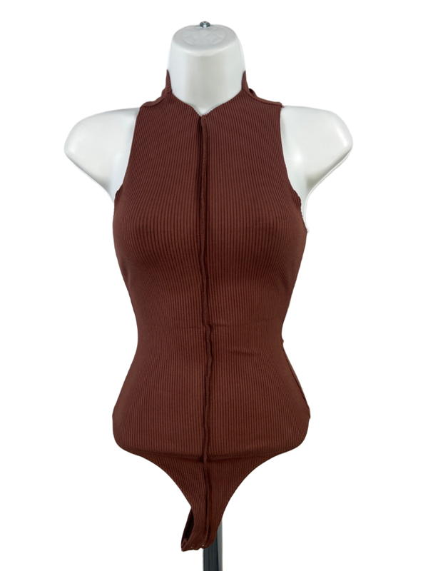 Naked Wardrobe Women's Brown Ribbed Center Seam Sleeveless Bodysuit - M