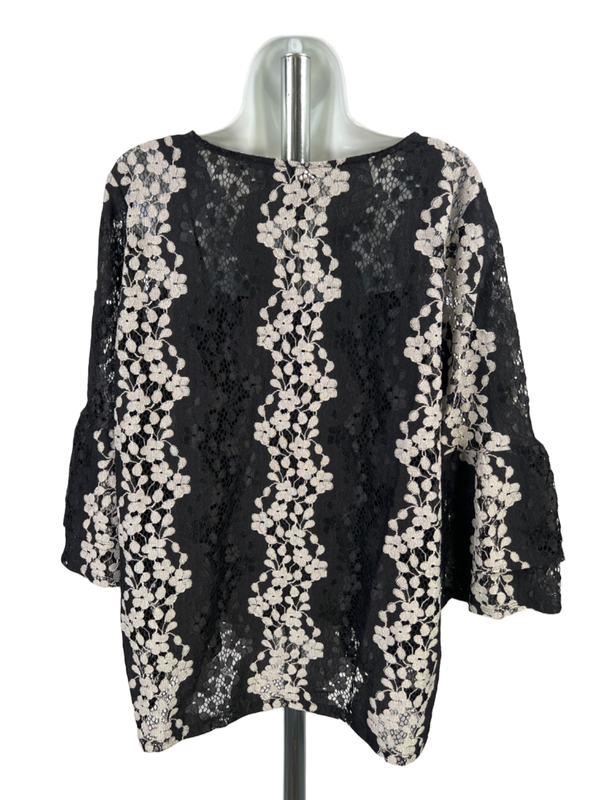 Alfani Women's Black/Gray Floral Lace Lined Short Bell Sleeve Blouse - L image 2