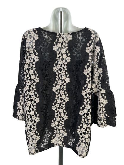 Alfani Women's Black/Gray Floral Lace Lined Short Bell Sleeve Blouse - L image 2