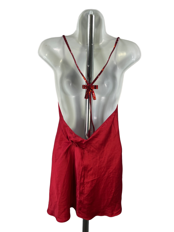Victoria's Secret Women's Red Satin Crystal Bow Back Mini Slip Dress - S image 2