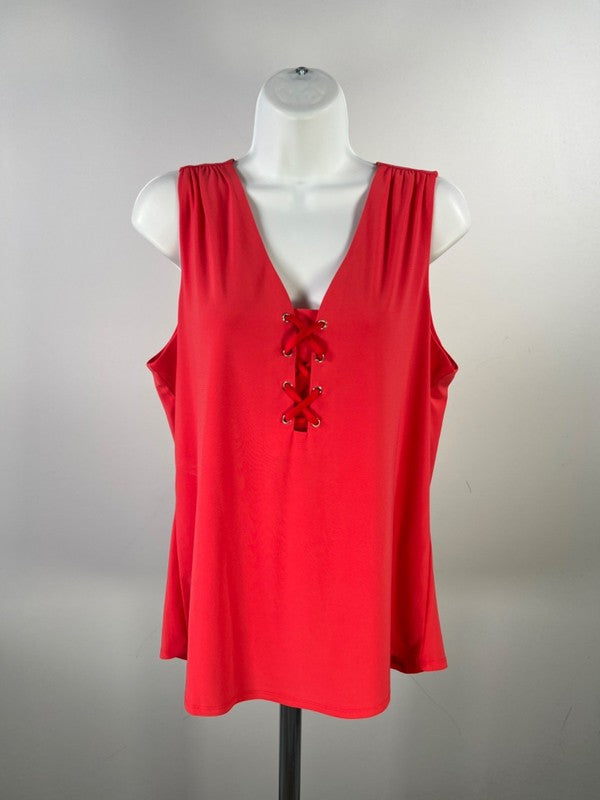 White House Black Market Women's Red/Coral Lace Up Sleeveless Blouse - L image 5