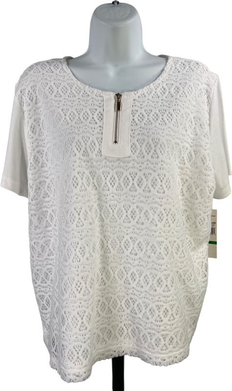 Alfred Dunner Women’s White Crochet Lined Short Sleeve Shirt - L Petite