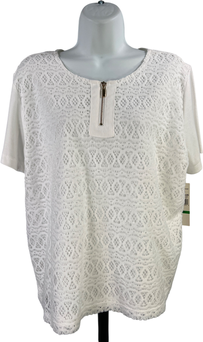Alfred Dunner Women’s White Crochet Lined Short Sleeve Shirt - L Petite