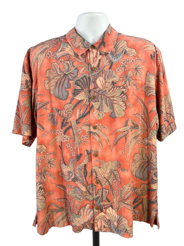 Tommy Bahama Men's Orange Floral Silk Short Sleeve Button Up Shirt - XL