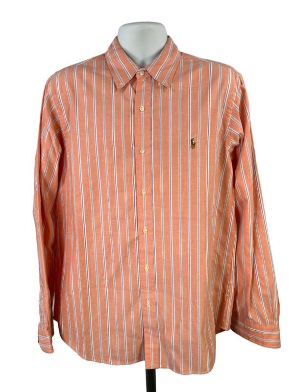 Ralph Lauren Men's Orange/Blue Striped Classic Fit Button Up Shirt - L