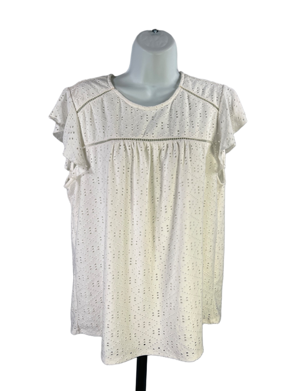 Adrianna Papell Women's White Short Ruffle Sleeve Eyelet Blouse - XL