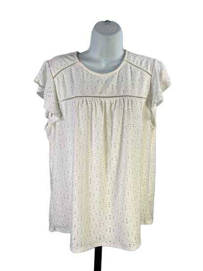 Adrianna Papell Women's White Short Ruffle Sleeve Eyelet Blouse - XL