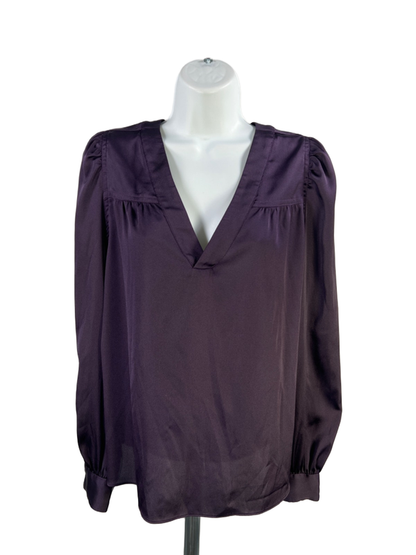White House Black Market Women's Purple Satin V Neck Long Sleeve Blouse - M