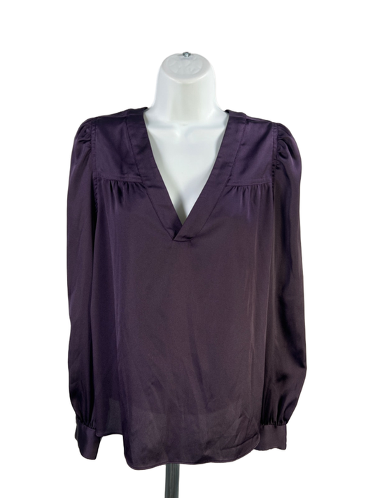 White House Black Market Women's Purple Satin V Neck Long Sleeve Blouse - M