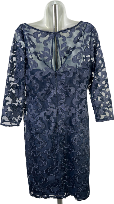 Aidan Mattox Women’s Blue Mesh Embroidered Lined 3/4 Sleeve Sheath Dress - 12 image 2