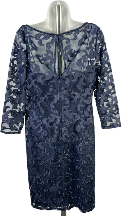 Aidan Mattox Women’s Blue Mesh Embroidered Lined 3/4 Sleeve Sheath Dress - 12 image 2