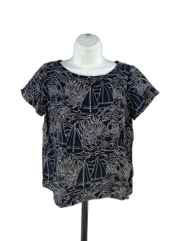J.Jill Women's Blue Sailboat Graphic Print Short Sleeve T-Shirt - XS