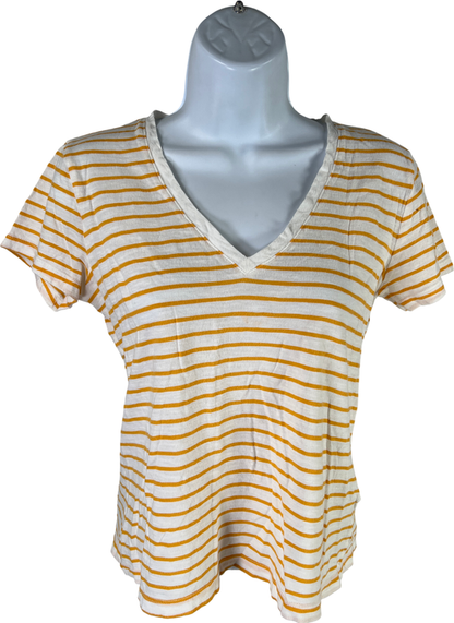 Madewell Women’s White/Yellow Striped Short Sleeve V-Neck T-Shirt - S