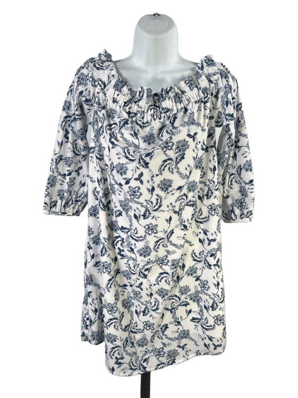 Banana Republic Women's White/Blue Floral Off Shoulder Mini Shift Dress - 2