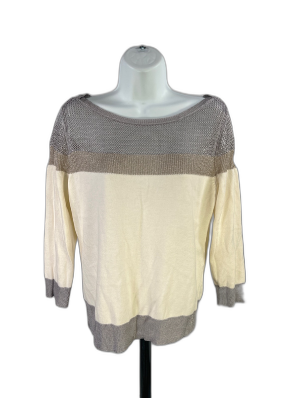 White House Black Market Women's Ivory/Gray Mesh Trim 3/4 Sleeve Knit Top - M