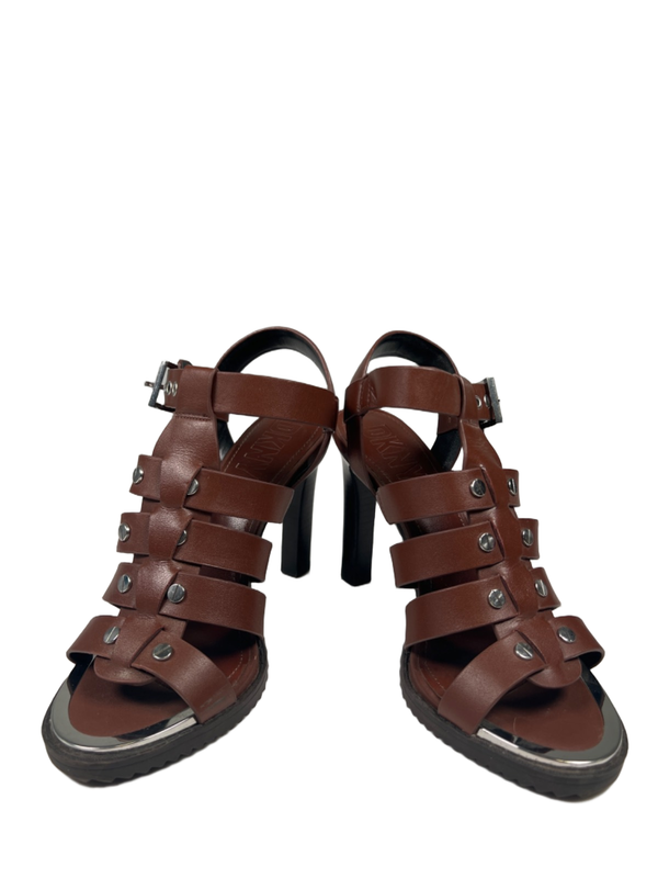 DKNY Women's Brown Leather Bria Cage Studded Slingback Heel Sandals - 6.5 image 6