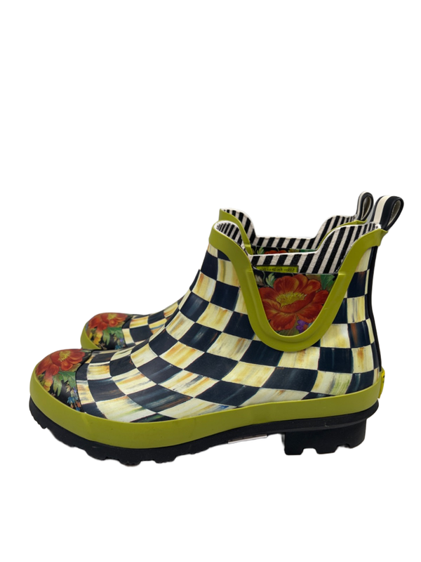 Mackenzie Childs Women's Green Checkered Short Rubber Rain Boots - 10 image 5