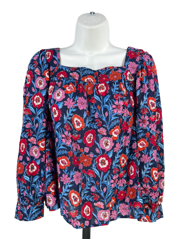 Vineyard Vines Women's Blue/Red Floral Square Neck Long Sleeve Blouse - XS