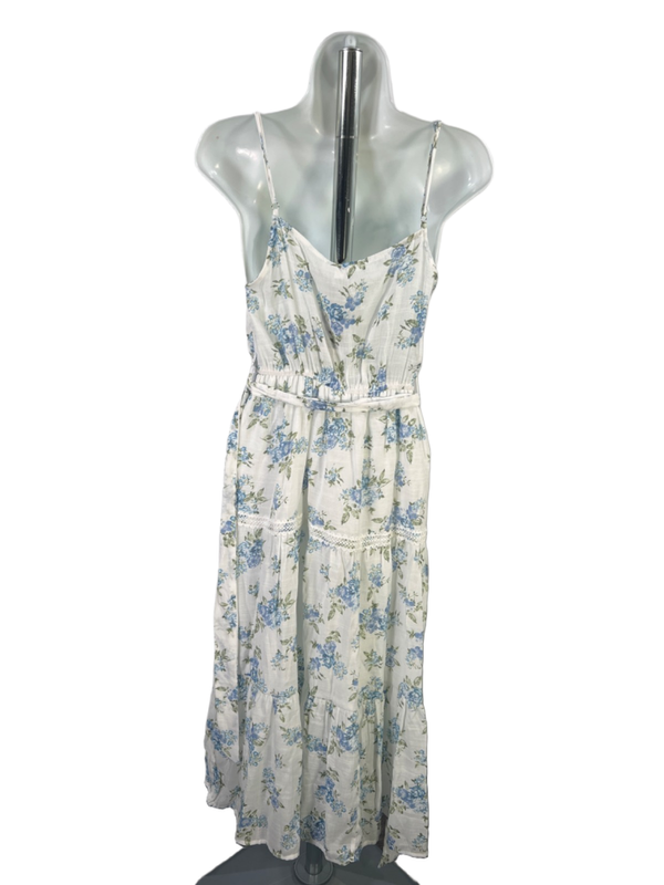 Mine Women's White/Blue Floral A-Line Tiered Lace Sleeveless Maxi Dress - M image 2