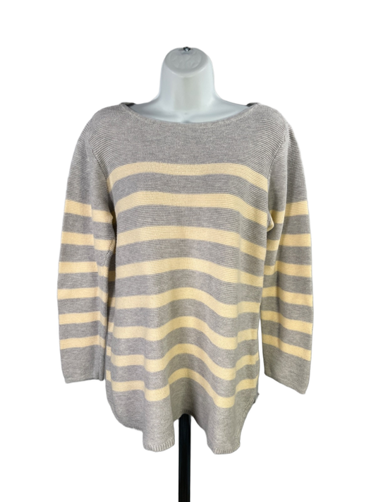 J.Jill Women's Gray/Yellow Striped Long Sleeve Waffle Knit Sweater - L Petite