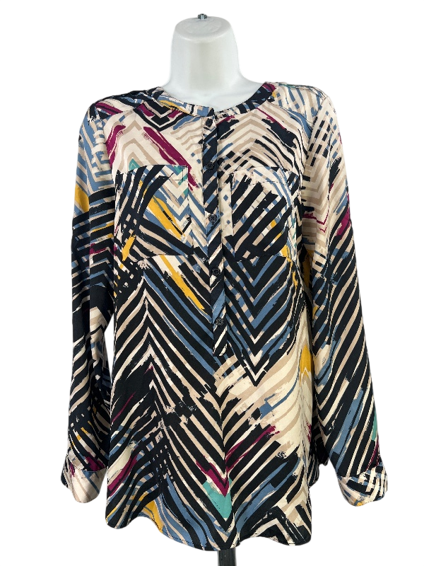 Ann Taylor Women's Blue/Beige Long Roll Sleeve Button Up Blouse - XS