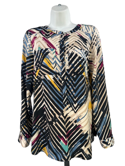 Ann Taylor Women's Blue/Beige Long Roll Sleeve Button Up Blouse - XS