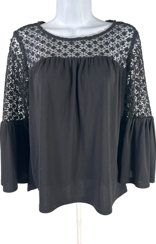 White House Black Market Women’s Black Bell Sleeve Lace Top Blouse - XS